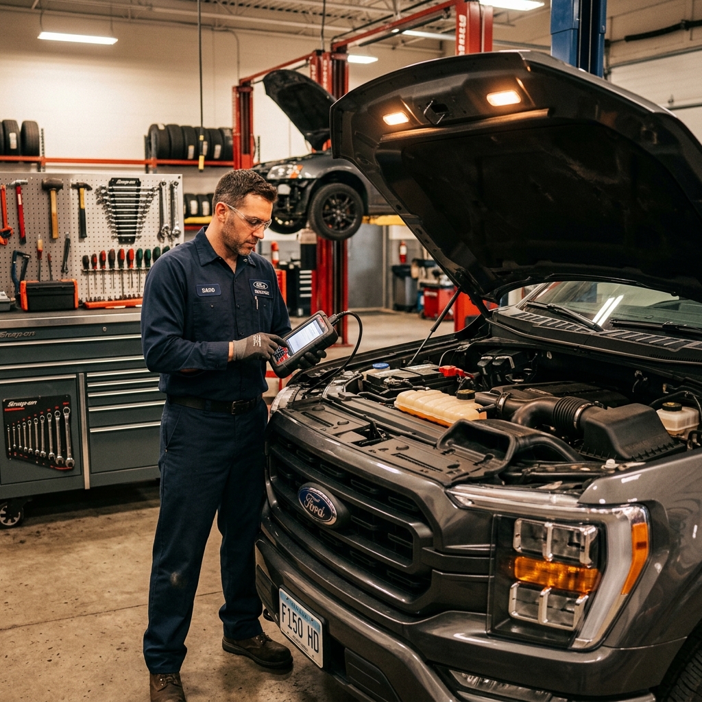 Professional mechanic performing diagnostics at Greenville Automotive Solutions